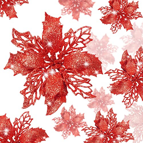 KAHEIGN 36 Pezzi Fiori di Poinsettia di Natale, Glitter Rosso Fiori Artificiali della Stella di Natale Addobbi per L'albero di Natale per Matrimonio Corona di Natale Festa a Casa Decoro (3 Taglia)