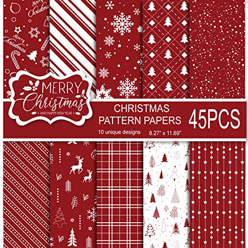 MIAHART Juego de 45 hojas de papel con diseño de Feliz Navidad, 10 diseños, papel decorativo para manualidades, doble cara, para hacer tarjetas, álbumes de recortes, tamaño A4, rojo y blanco