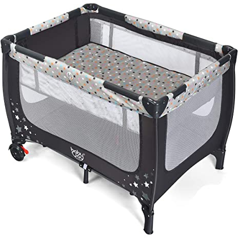 RELAX4LIFE Lettino Neonato con Materasso, Lettino da Campeggio per Bambini, Culla da Viaggio con 2 Ruote con Freno e Borsa, per Bambini 3-36 Mesi (Grigio)