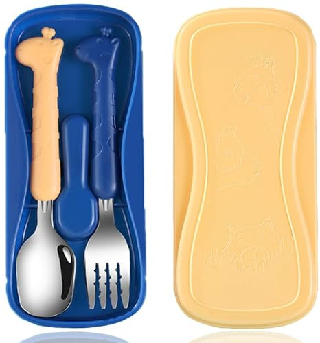 2PCS Posate Bambini, WitBicg Posate Svezzamento Forchetta Bambini, Acciaio Cucchiaino Svezzamento Pappa Neonato Svezzamento, Lavabile In Lavastoviglie Silicone E Acciaio Inossidabile - Giraffa (A)