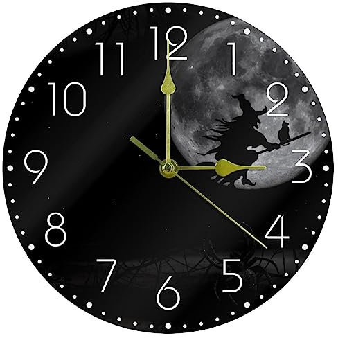 RODAILYCAY Reloj de pared silencioso sin tictac, esfera de reloj acrílico circular, bruja de Halloween volando en escoba, movimiento ultra silencioso de cuarzo para sala de estar, dormitorio, cocina,