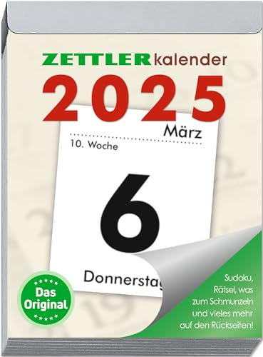 Zettler - Tagesabreißkalender 2025 XL, 8,2x10,7cm, Abreißkalender mit Sudokus, Rezepten und Rätseln, Sonnen- und Mondzeiten, Namenstage, mit Aufhängung und deutsches Kalendarium