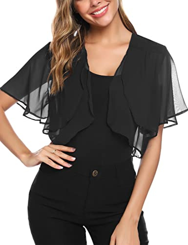 Aottori Cardigan Boléro Court Femme en Mousseline de Soie Gilet à Manches Évasées Courte Boléro Veste Elégant Chic pour Robe Bretelle Mariage Noir XL