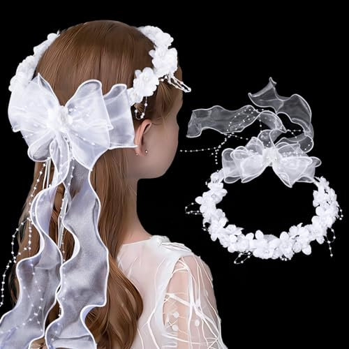 BETESSIN Stirnband Kommunion Mädchen Haarkranz Taufe Haarschmuck Prinzessin Blumen Haarreif Hochzeit Blumenmädchen Kopfschmuck Weiß Haarband mit Blüten Perlen
