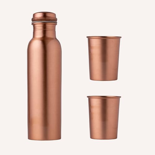 Pure Copper Bottle and Glasses Set - 950ml Bottle & 2x 350ml Glasses - Ayurvedic Drink Set for Health and Wellness - Premium Art of Vedas Copper Drinking Set