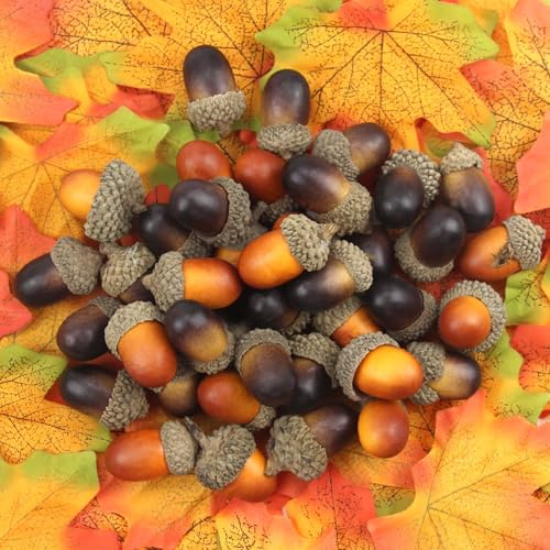 chenyu 100 Pezzi Ghiande Artificiali Decorazione + 50 Foglie di Acero Artificiali Simulazione Frutta Ghianda Ghiande Finte Decorazioni Autunnali per DIY Artigianato Matrimoni Natale