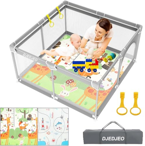 DJEDJEO Laufstall 120x120cm Mit Matratze, Reißverschlusstür, Oxford Tuch Playpen, Atmungsaktivem Netz, Spielmatte und Rutschfester Basis
