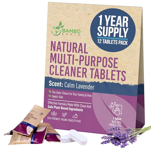 BAMBOEARTH 12 Pack Natural Multi-Purpose Cleaner - All Surface Multipurpose Cleaning Tablets Refill - Eco-Friendly Product & Cleaning Supplies - 1 Tablet = 17oz Spray (204oz Total) - Calm Lavender