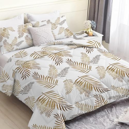Linfye Couette 220x240 cm Plantes Blanche Imprimée Feuilles Palmier 4 Saisons pour Lit 2 Personnes, Edredon Réversible Couette Legere, sans Houss et 2 Taies d'oreiller 65x65 cm
