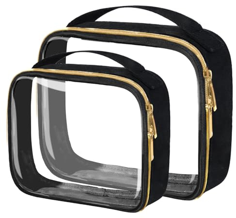 FAYORORY TSA Approved Travel Toiletry Bag,2 Pack Clear Makeup Bags with Handles,Quart Size Clear Cosmetic Bags for Traveling Women,Men,Carry on Airport Airline Compliant Bag,Black