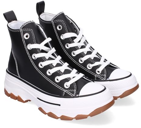 85848 Zapatilla Abotinada de Plataforma para Mujer, Comoda, Estilo Bamba, Material de Polipel, y Cierre de Cordones Negro Talla 39