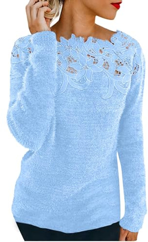 HUIFUAO Lace Cashmere Jumpers Ladies Plus Size Velvet Sweaters for Women UK Long Sleeve Elegant Sexy Womens Sweatshirts and Pullover