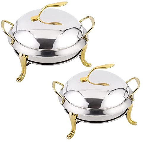 Chafing Disk Buffet Set Chafing Disk Set om 2 st Rostfritt stål Runda bufféservrar Värmare med matpanna, bränslehållare och lock for restaurangfester Bröllop, Guld, 28cm(Gold,24cm)