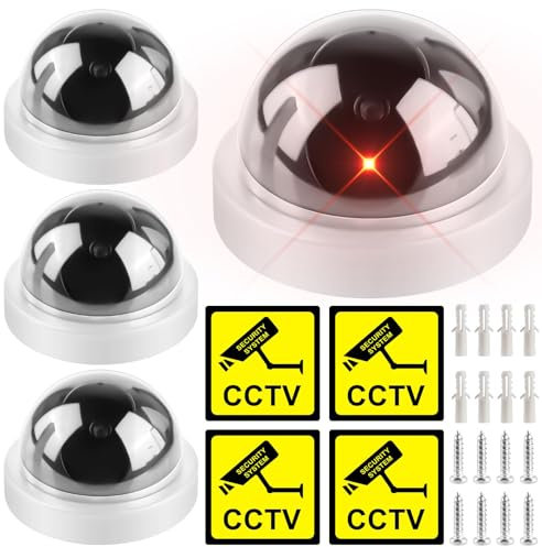Lot de 4 caméras factice avec LED clignotante rouge - Fausse caméra de sécurité - Fausse caméra de surveillance factice pour la maison et le bureau - Blanc