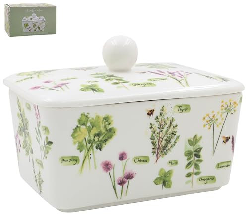 The Leonardo Collection Herb Garden Butter Dish by Jennifer Rose Gallery | Decorative Porcelain Butter Keeper with Lid | Herb Garden Illustration | Farmhouse Style | Elegant Kitchen Accessory