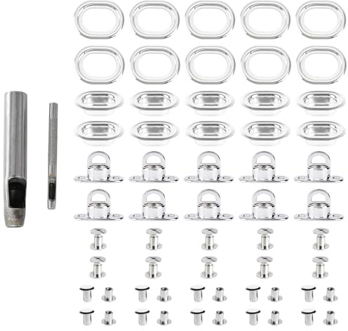 Mewflew 72PCS Drehverschluss Set mit Ösen und Hohlnieten – Kupfer-Schraubverschluss & Befestigungszubehör für Taschen, Leder, Planen, Zelte, Outdoor, windfestes Set inkl. Werkzeug (Silver)