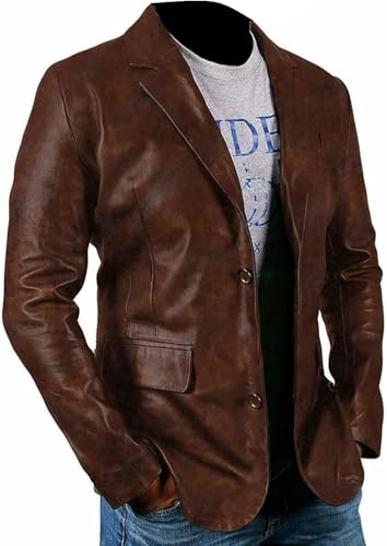 Chaqueta estilo blazer casual de cuero de primera calidad para hombre, color marrón envejecido
