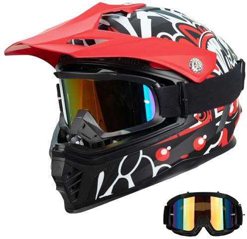 Favoto MTB Fullface Helm für Kinder mit Visier & Sonnenblende – Stoßfest & Verstellbar ECE22.06 Norm Offroad & Dirt Bike Helm für Jungen & Mädchen Kinder Cross MX Helm Rot-Schwarz S