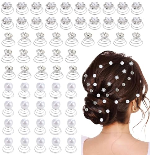 60 PCS 3 Styles Gems Rhinestone Crystal Twisters Set Spiral Pearl Flower Hair Pins for Bridal Wedding Prom Party for Women
