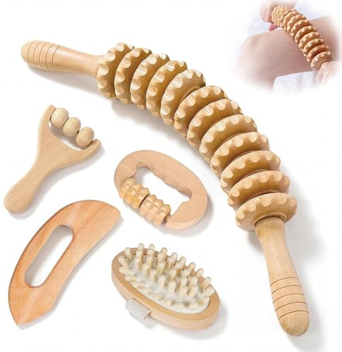 Eulihent Lot de 5 Rouleaux de Massage avec Poignee Bâton de Fascia en Bois pour Dos Cou et Jambes Detente Musculaire pour Maison Voyage Bureau