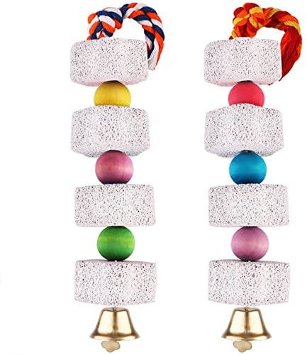 Unibene Parrot Chewing Toy, Bird Beak Grinding Stone with Bell, Lava Block Calcium Supplement Food for African Greys Amazon Conure Eclectus Budgies Parakeet Cockatiel Hamster Chinchilla Rabbit, 2 Pack