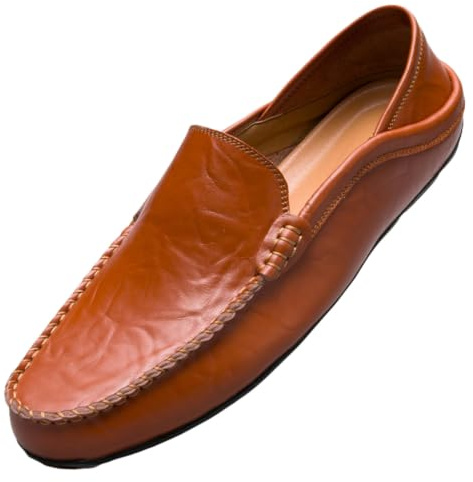 Unitysow Mocasines Hombres Zapatos de Vestir Casuales Holgazanes Slip On Verano Plano Cuero Zapatos de Conducción Zapatillas Marrón 42EU