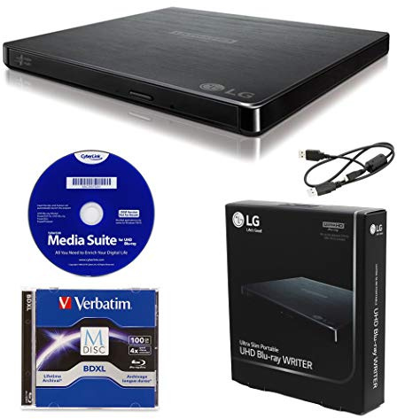 Produplicator LG BP60NB10 Portable 6X Ultra HD 4K Blu-ray Burner External Drive with CyberLink Software, 100GB M-DISC BDXL, and USB Cable - Burns CD DVD BD DL BDXL Discs