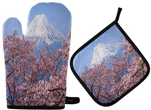 TropicalLife Hajie Japan Mountain Cherry Blossom - Juego de manoplas para horno, resistentes al calor, guantes con asa para colgar, para hombres y mujeres