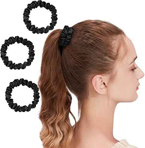OLESILK 3er-Set 100% Seide Haargummis Kleine Scrunchies Haarschmuck Zopfgummi Haare Ringe Elastische Haarbänder Gummibänder 3 Stücke, Schwarz