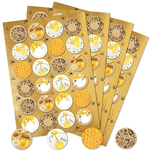 Honig-Aufkleber, 96er Set: Runde Sticker für Honiggläser & Geschenke, Honigetiketten zum Beschriften & Selbst Gestalten, Klebeetiketten, Selbstklebend, Kraftpapier-Optik, Honigaufkleber Imker, Ø 4 cm