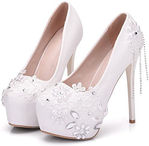 Scarpe da Sposa da Donna, Scarpe con Tacco Alto in Raso e Strass, Scarpe da Sposa con Cravatta a Fiori in Raso da 14 cm, décolleté con Plateau e Tacco a Spillo,Bianca,41 EU