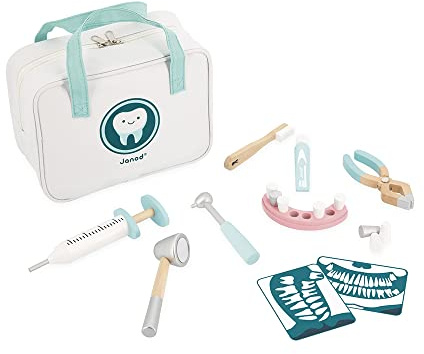Janod, Maletín de Dentista, Juguete de Imitación de Profesión, In cluye 9 Accesorios de Madera y Cartón, Imaginación, Certificado FSC, Pintura al Agua, A Partir de 3 Años, J06550, Multicolor