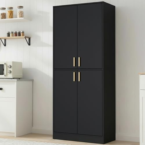 Cozy Castle Kitchen Pantry Cabinet, 71 Tall Wood Storage Cabinet with Doors and Shelves 4 Doors Freestanding Cupboard for Dining Room Living Room Furniture, Black