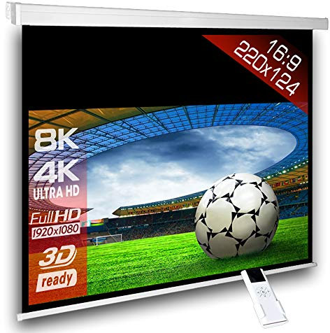 ScreenLux Schermo di Proiezione Motorizzato 16:9, 214 x 120 cm, Tessuto Opaco, Bianco, Montaggio a Parete o Soffitto, Telecomando/HDTV/3D/4K