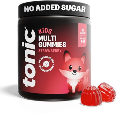 Tonic Health Kids Vitamins Gummies - 14 in 1 Kids Multivitamin with Vitamins A, C, D, E and Zinc, Strawberry Flavour, Month Supply (60 Count), Ages 3-12, No Added Sugar, No Sweeteners, Vegan