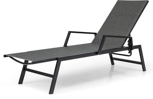 COSTWAY Sonnenliege Rattan, Gartenliege mit Verstellbarer Rückenlehne und Armlehnen, Terrassenliege bis 150 kg belastbar, Liegestuhl für Garten, Terrasse, Pool