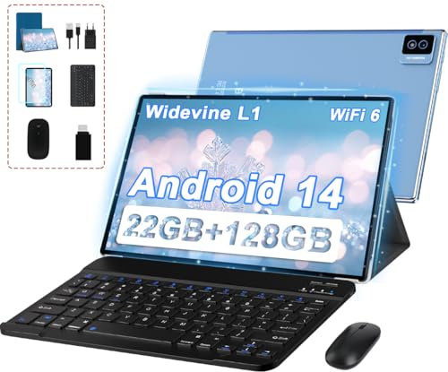 BIEGEDY Tablet 10 Zoll Octa-Core, 22 GB RAM+128 GB ROM (TF1 TB),8000mAh丨Widevine L1丨GMS丨5G WLAN 6丨5MP+8MP丨Bluetooth 5.0丨1280 * 800丨Metallabdeckung Tablet mit Tastatur Maus Blau