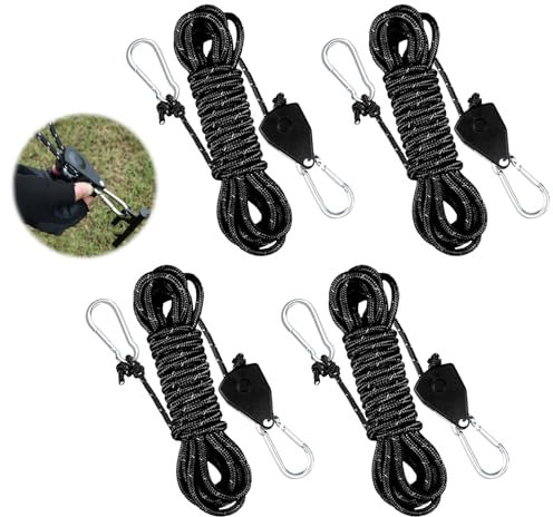 4 Stück Abspannseile mit Seilspanner, 4m x 4mm Einstellbare Seil Ratsche mit Haken, Camping Seil mit Spanner, Reflektierende Seilratsche, Windfestes Seil, Zeltschnur Leuchtend für Zelte,Sonnensegel
