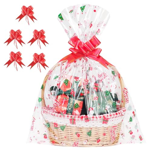 Cellophane per Cesti Regalo Natale, 5 Pellicole Decorati 60x76cm Extra Grandi + Fiocchi Rossi - Carta Trasparente per Confezioni, Ideale per Fiori, Artigianato e Regali Natalizi
