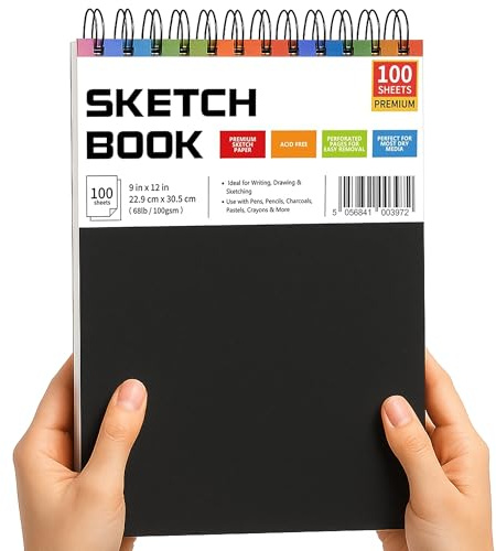 A4 Sketchbook Spiral Bound – 200 Pages (100 Sheets), 100 GSM – Slightly Larger Than A4 (9” x 12”) – Top Spiral Art Pad for Drawing, Sketching, Journaling, Perforated Pages – Easy, Clean Tear-Off