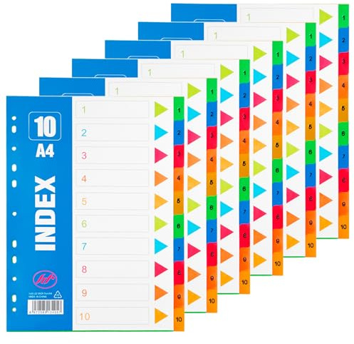 6 Pezzi 1-10 Divisori per Raccoglitori ad Anelli A4, Separatori Colorati Divisori in Plastica per Raccoglitori, Numerici di Indice 1-10, Multicolore