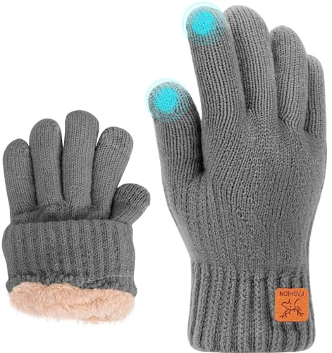 Fjquamitix Kids Winter Gloves Soft Warm Knit Glove Thermal Touch Screen Gloves with Fleece Lining for Children Ages 5-12 Outdoor Skiing Cycling Football Running (Dark Grey, M)