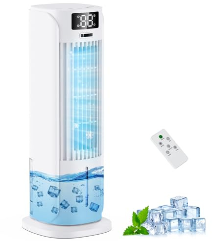 Condizionatore Portatile, 3 in 1 Raffrescatore Evaporativo, 6 Velocità 2 Modalità nebbia fredda, 800ML Raffrescatore d'aria, 90° Oscillazione, Telecomando, Timer 1-12 ore, Silenzioso per Casa Ufficio