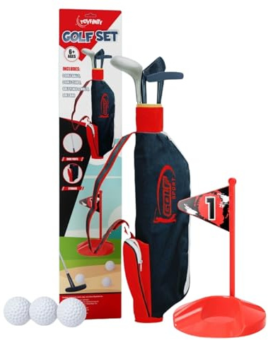 Toyfinity Ensemble de golf junior pour enfants, 3 clubs, 3 balles, drapeaux, trous et sac de transport, jouet de sport d'intérieur et d'extérieur, ensemble de jeu pour la maison et le jardin