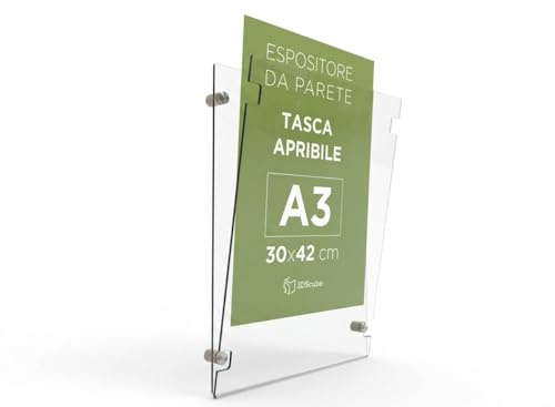 Espositore in plexiglass di ALTISSIMA qualità, da parete, targa a tasca apribile in plexiglass, porta avvisi e depliant formato A3 verticale 30x42 cm, completa di distanziali in alluminio