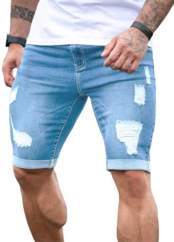 Oanviso Hommes Jeans Shorts à Trou Droit Cassé Skinny Pantacourt en Denim Slim Fit Short Coupe Droite Pantalon Court en Jean Déchiré Hip-Hop Streetwear A Bleu Clair M