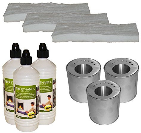 Original Hekers Set 3 Brenndosen inkl. Sparplatte + 3 L Bioethanol + 3 Keramik-Schwämme für Gelkamin Tischfeuer Dekoration Kamin-Deko Bioethanol-Kamin