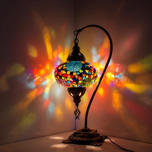 ENVA Turkish Mosaic Table Lamp,Stunning Moroccan Style, Unique Globe Lampshade, Swan Neck Series (Brave)