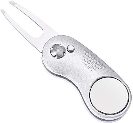 Mile High Life Ganzmetall Faltbares Golf Pitchgabel mit Pop-up Taste & Magnetkugel Markierung (Silver Curve)