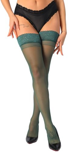 MERYLURE Thigh High Stockings Silicone Lace Top Stay Up Silk Semi Sheer Pantyhose for Women Hold Up Nylon Lingerie